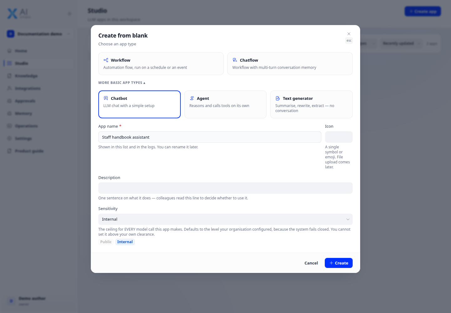 Choose the application type, enter a recognizable name and confirm creation. This dialog is opened with Create app in Studio.