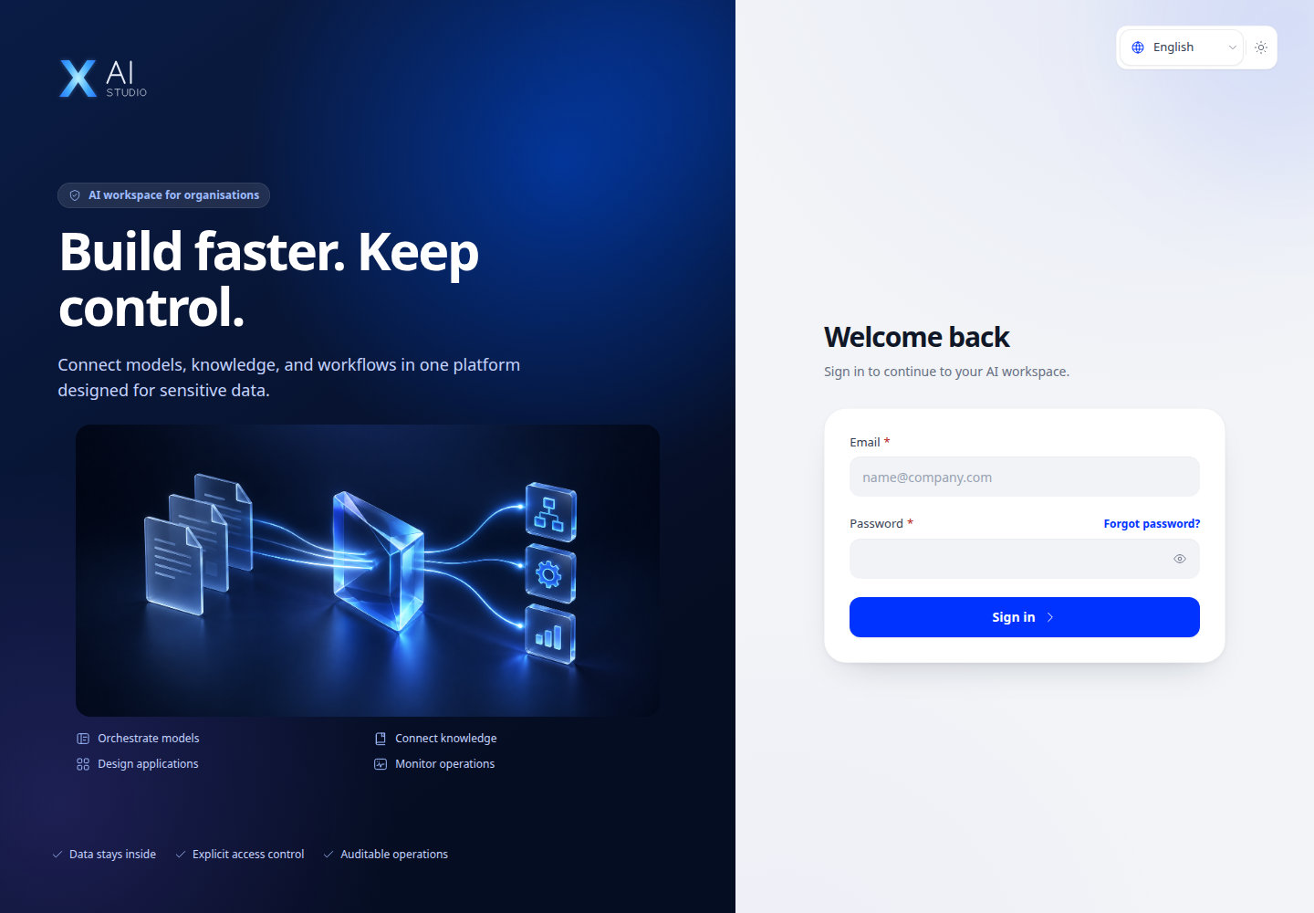 The sign-in screen. Use the account and sign-in method provided by your organization; never copy sample credentials from documentation.