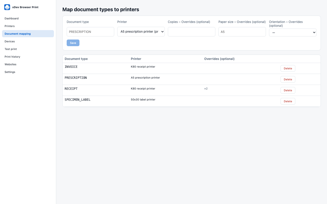 The Document mapping screen: INVOICE and RECEIPT go to a K80 receipt printer, PRESCRIPTION to an A5 printer and SPECIMEN_LABEL to a 50x30 label printer