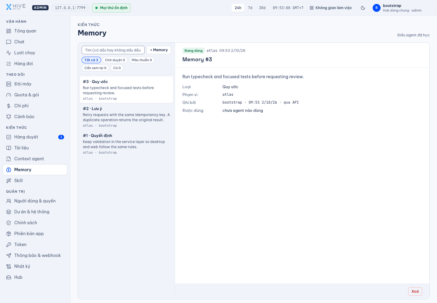Memory — Giao diện thật · dữ liệu demo Atlas