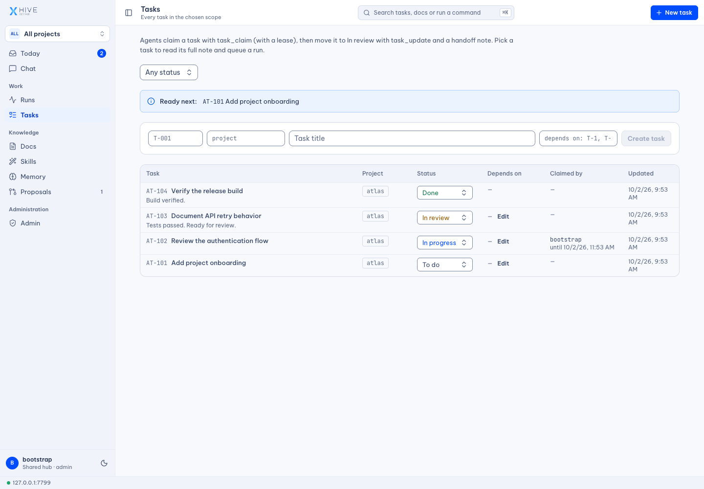 Tasks — Real interface · Atlas demo data