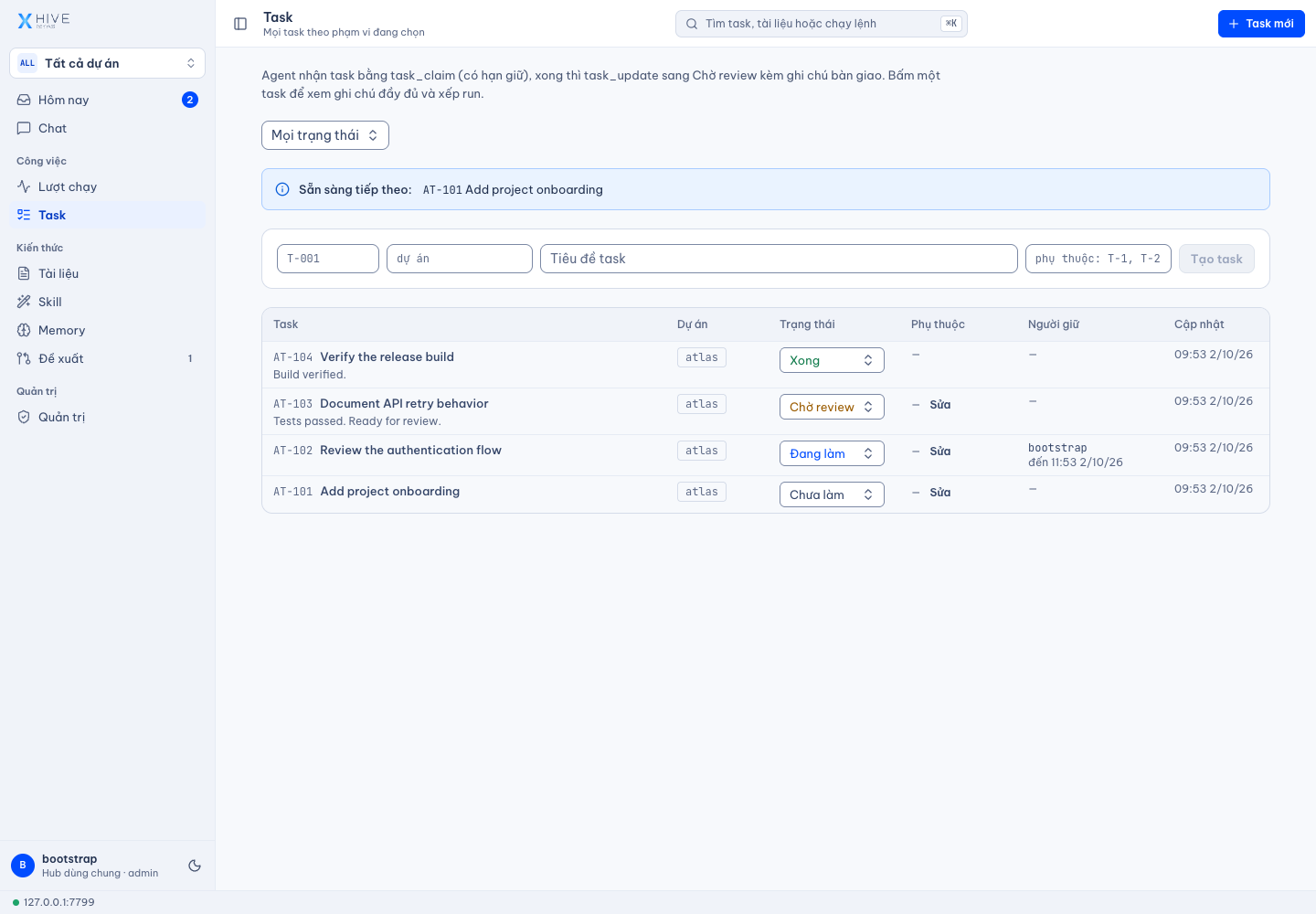 Task — Giao diện thật · dữ liệu demo Atlas